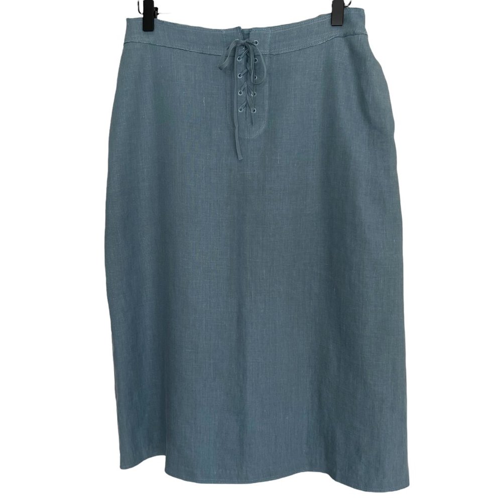 Majestic Filatures Blue Linen Corset Front Lace Up Knee Length Skirt Size Small